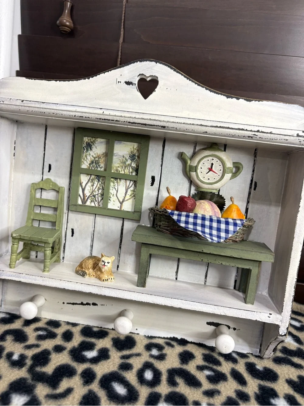 White Wooden Wall Shelf with Green Accents - Home Wall Decor